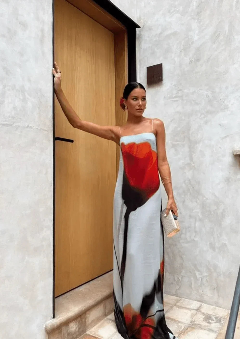 Vestito lungo donna rosso grigio stampato con bretelline sottili