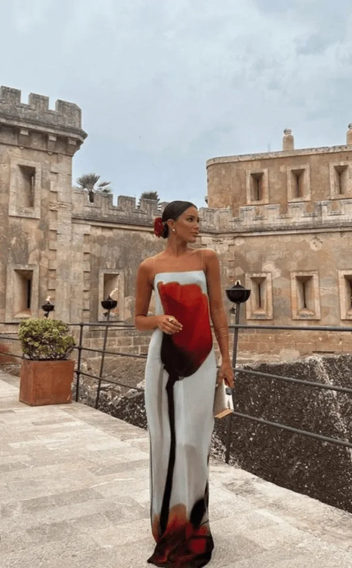 Vestito lungo donna rosso grigio stampato con bretelline sottili