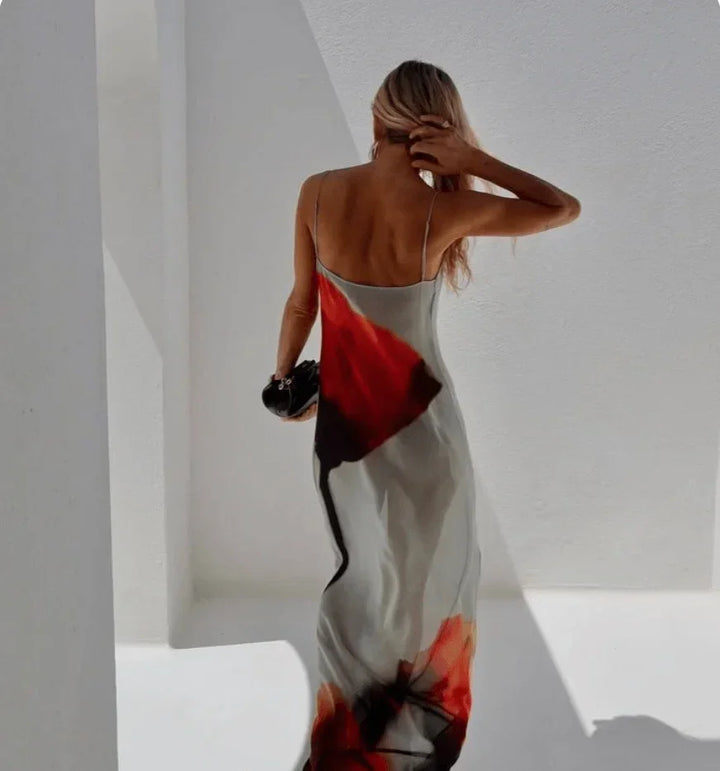 Vestito lungo donna rosso grigio stampato con bretelline sottili