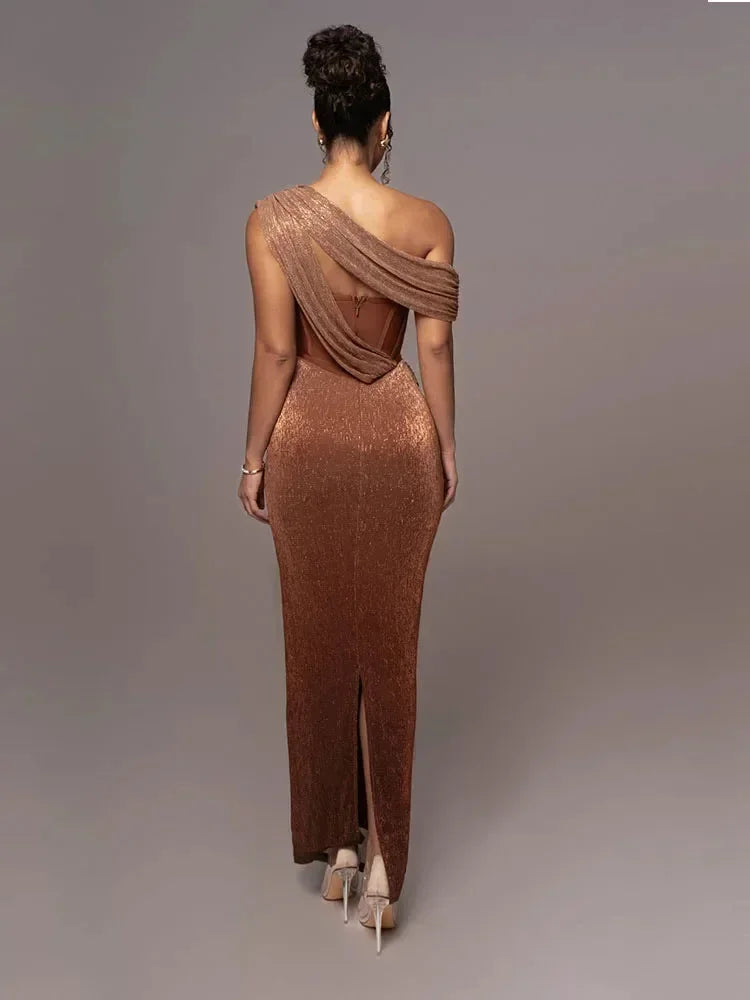 Vestito lungo da sera asimmetrico scintillante con spallina