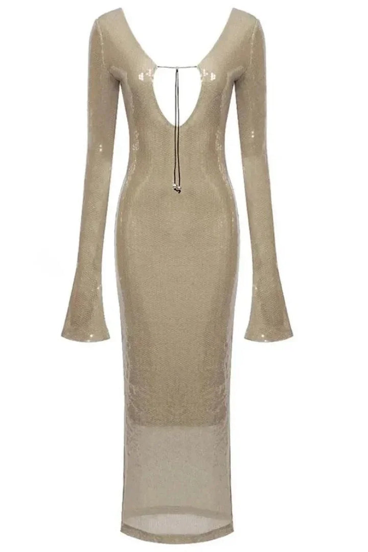 Vestito lungo donna beige con paillettes, maniche lunghe, scollo a V