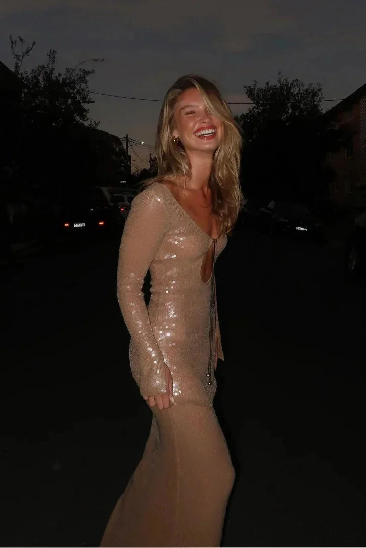 Vestito lungo donna beige con paillettes, maniche lunghe, scollo a V