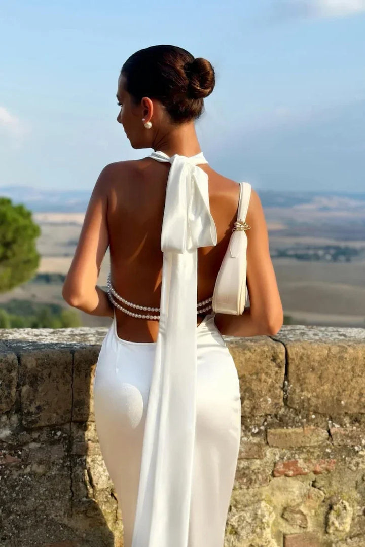 Vestito lungo donna bianco con schiena aperta e fiocco