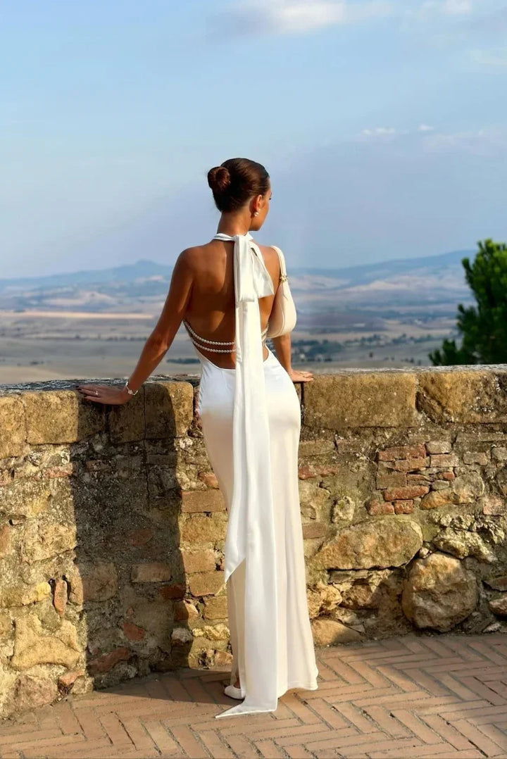 Vestito lungo donna bianco con schiena aperta e fiocco