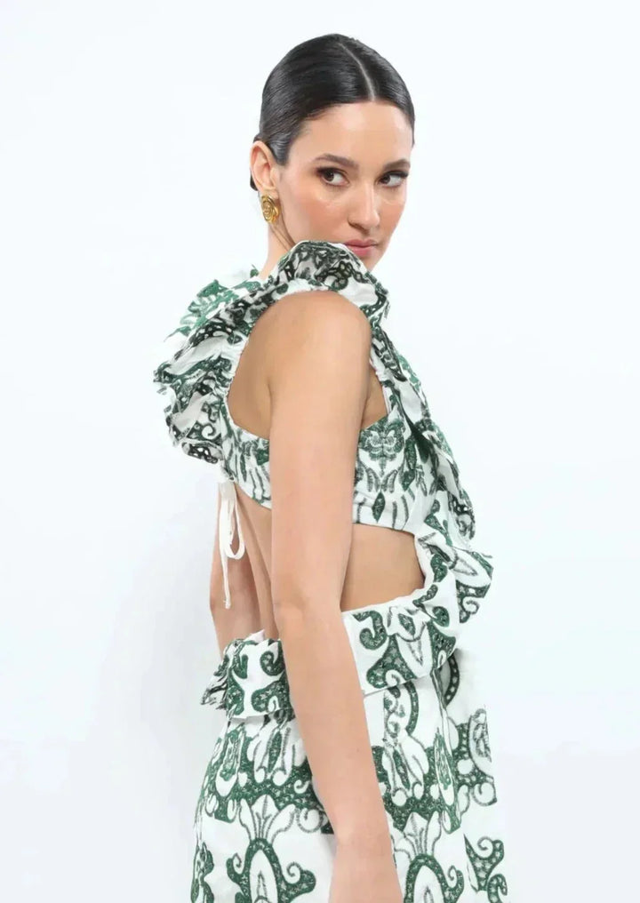 Vestito lungo donna stampato verde e bianco con volant