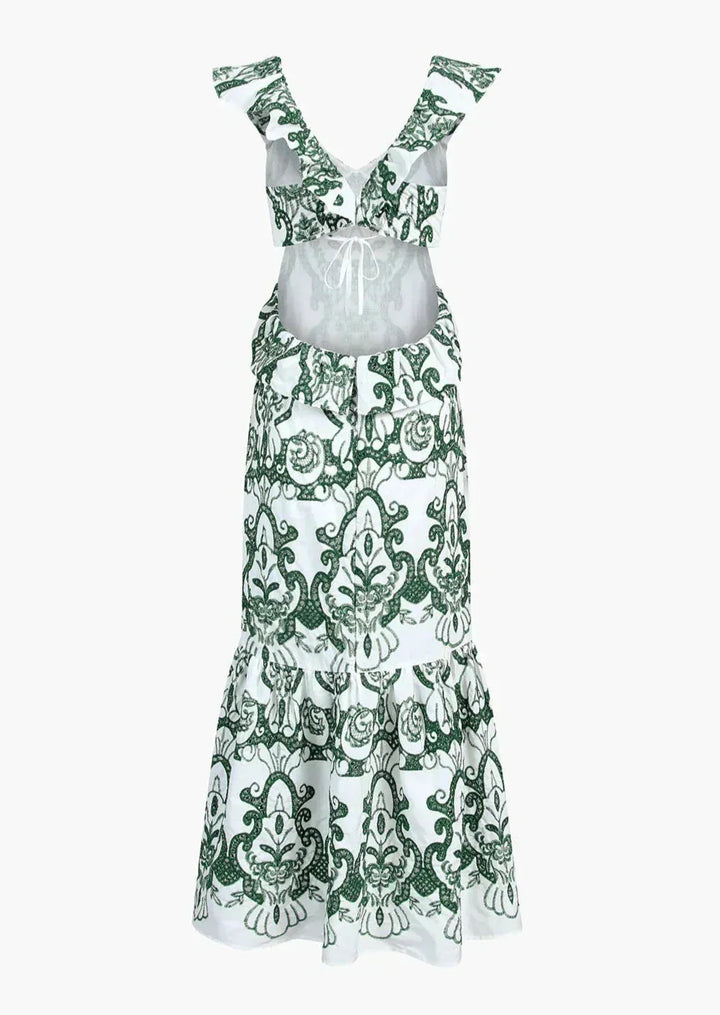 Vestito lungo donna stampato verde e bianco con volant