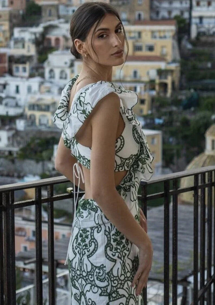 Vestito lungo donna stampato verde e bianco con volant
