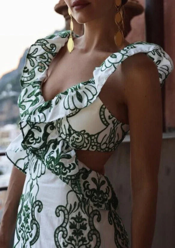 Vestito lungo donna stampato verde e bianco con volant