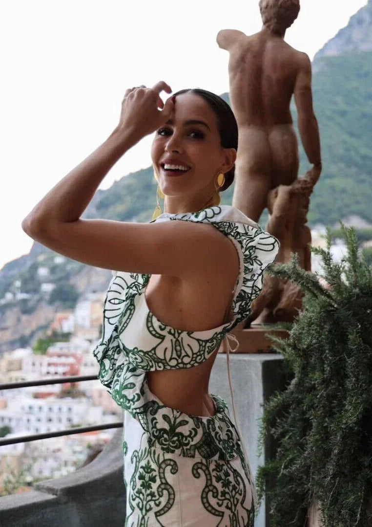 Vestito lungo donna stampato verde e bianco con volant