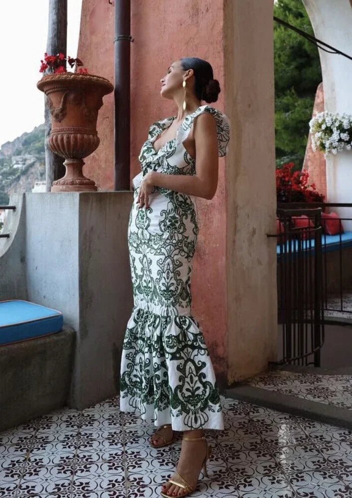Vestito lungo donna stampato verde e bianco con volant