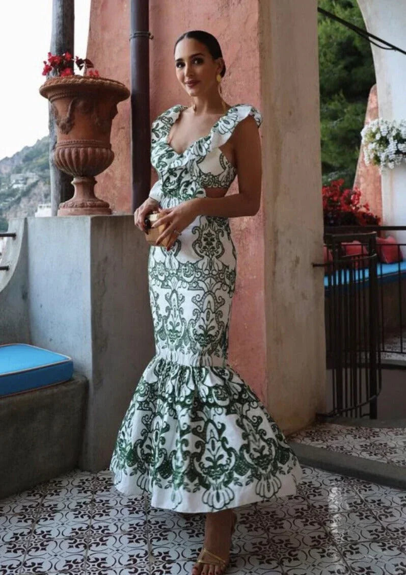 Vestito lungo donna stampato verde e bianco con volant