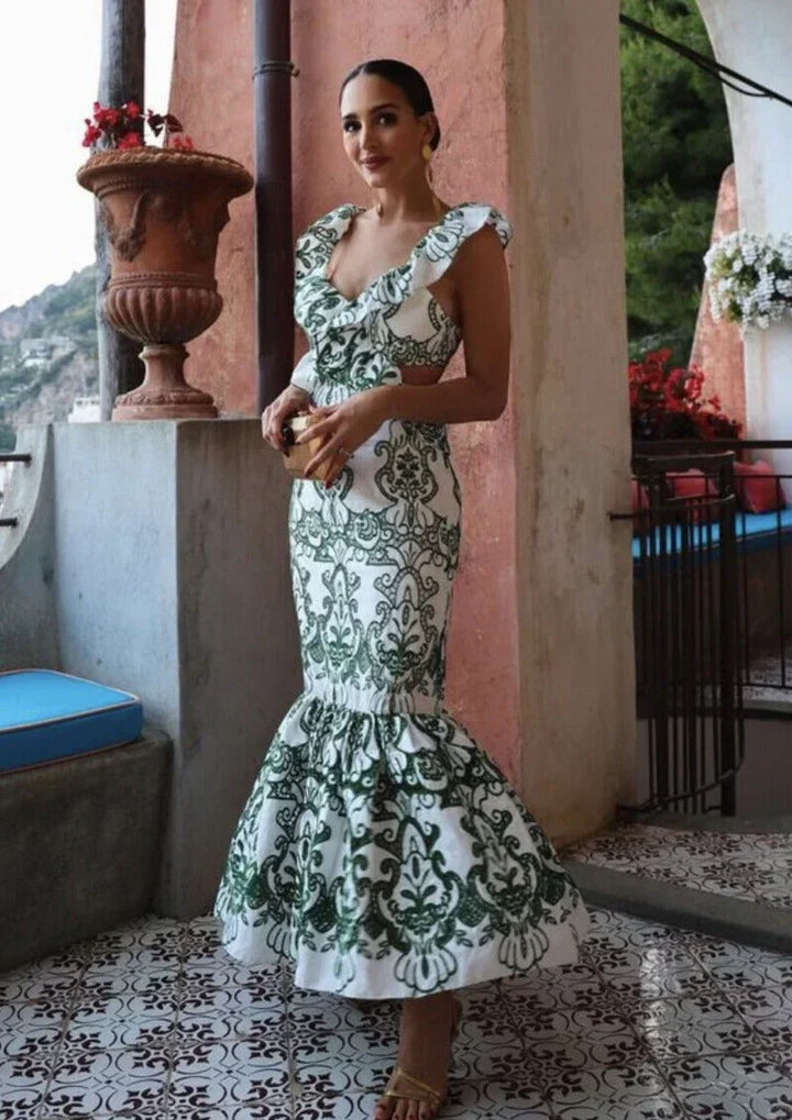 Vestito lungo donna stampato verde e bianco con volant