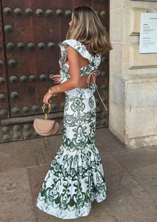 Vestito lungo donna stampato verde e bianco con volant