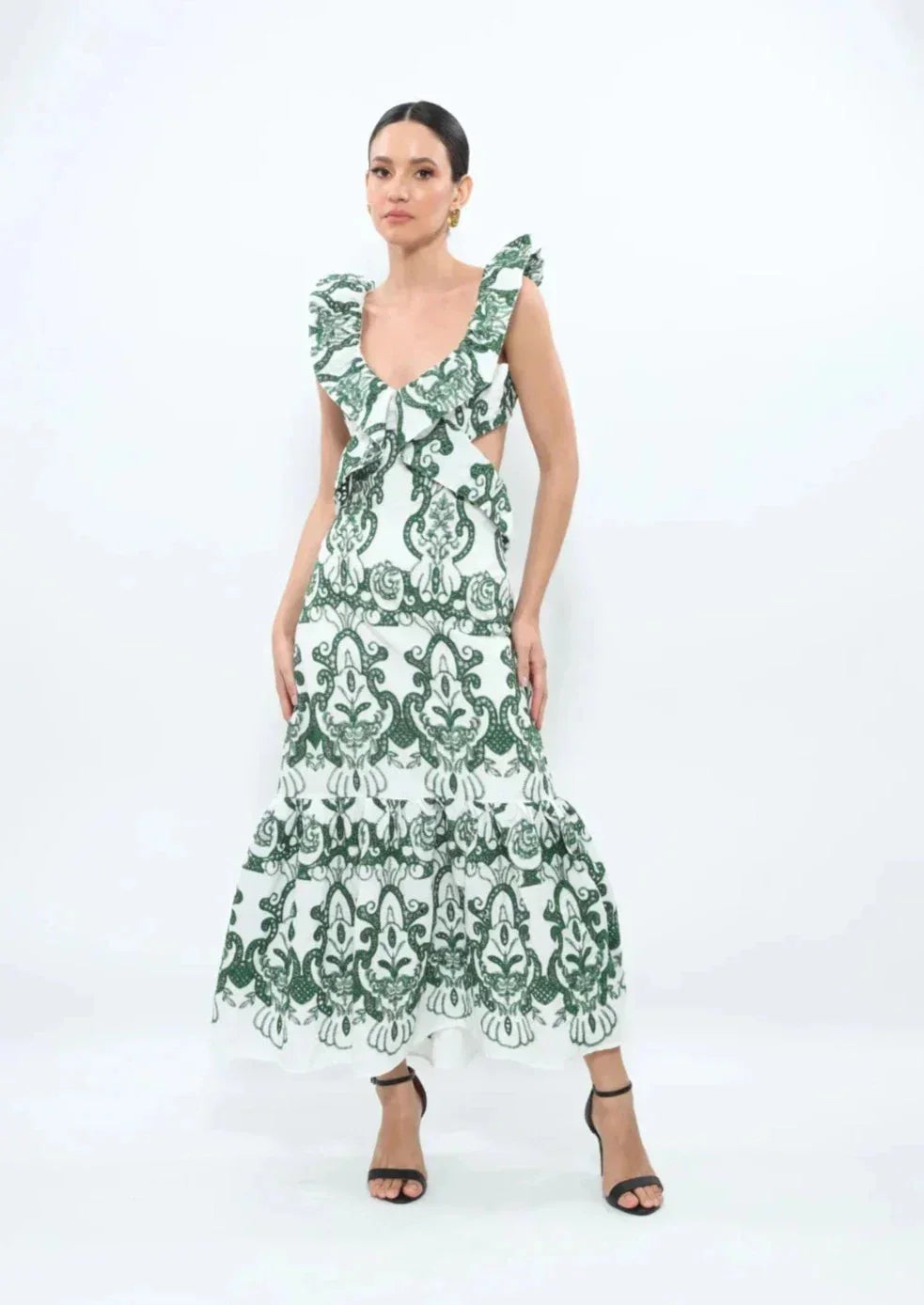 Vestito lungo donna stampato verde e bianco con volant
