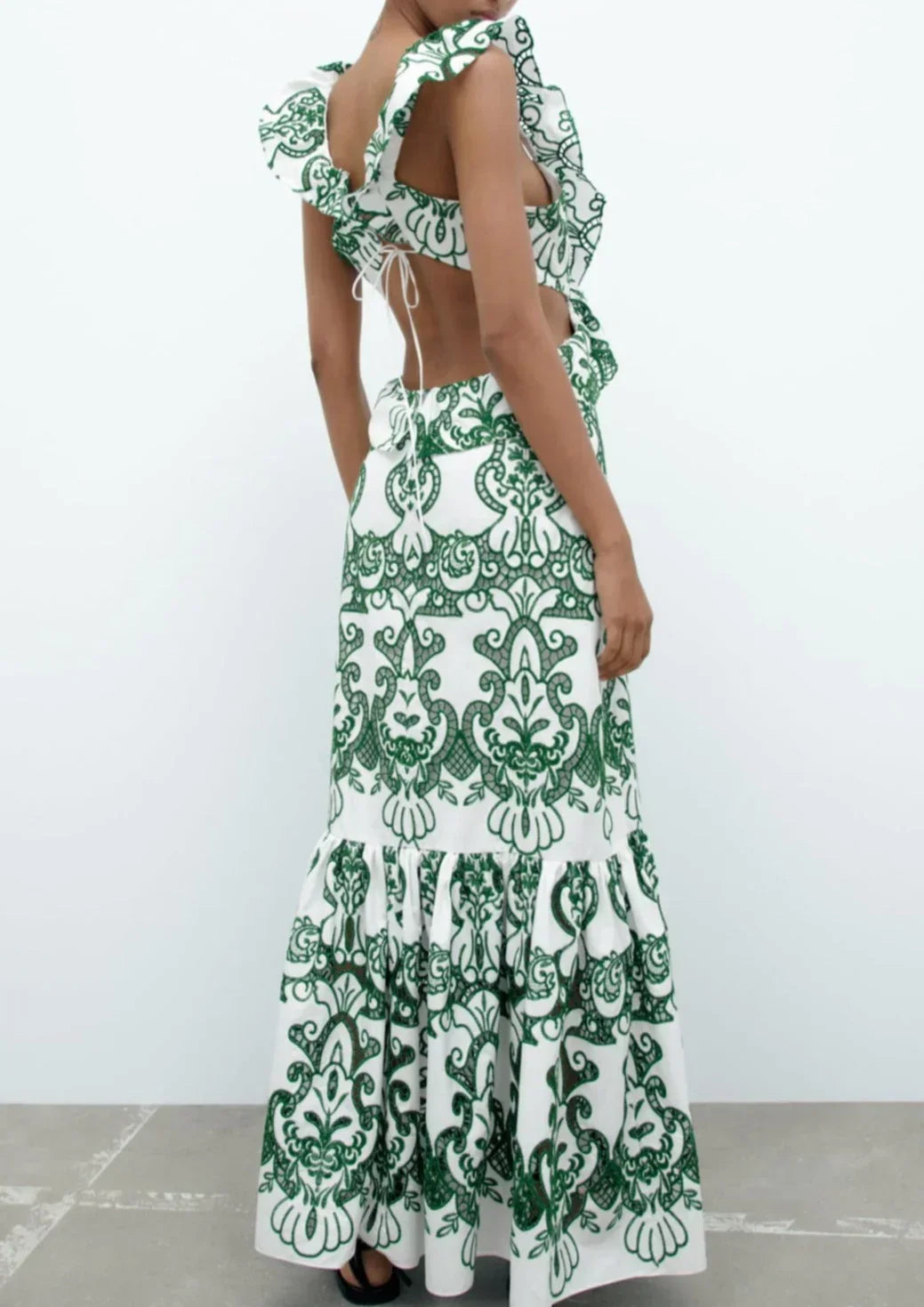 Vestito lungo donna stampato verde e bianco con volant