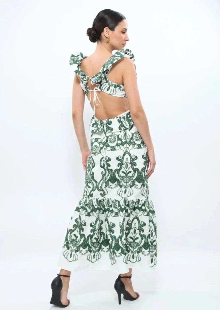 Vestito lungo donna stampato verde e bianco con volant