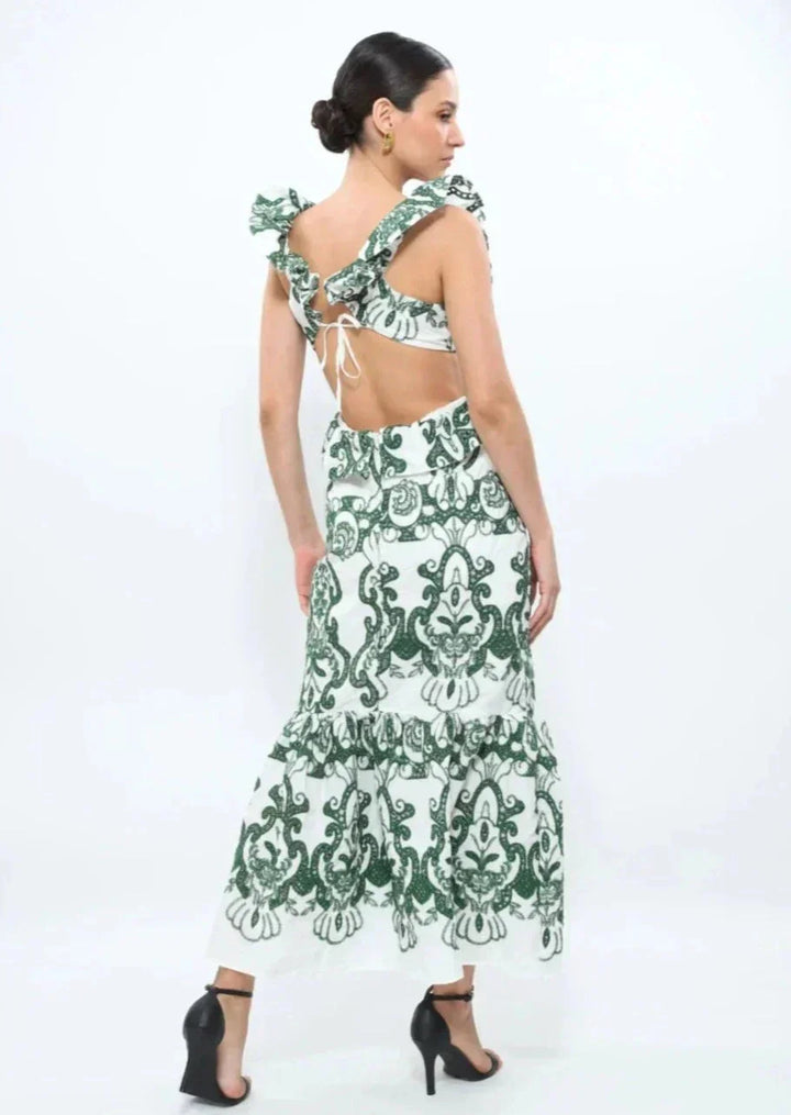 Vestito lungo donna stampato verde e bianco con volant