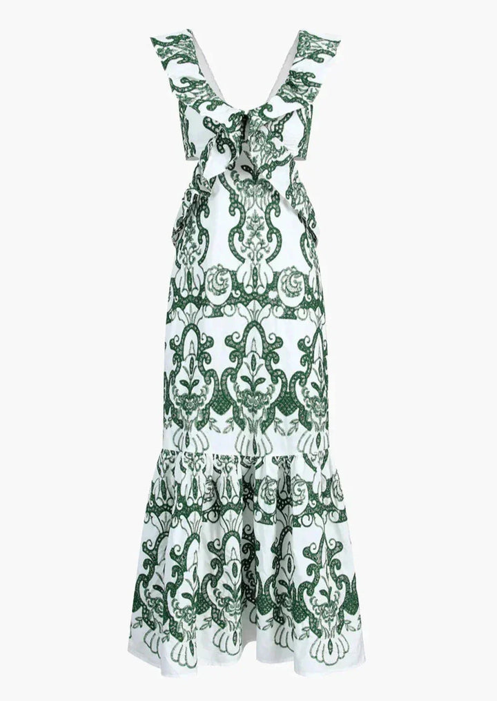 Vestito lungo donna stampato verde e bianco con volant