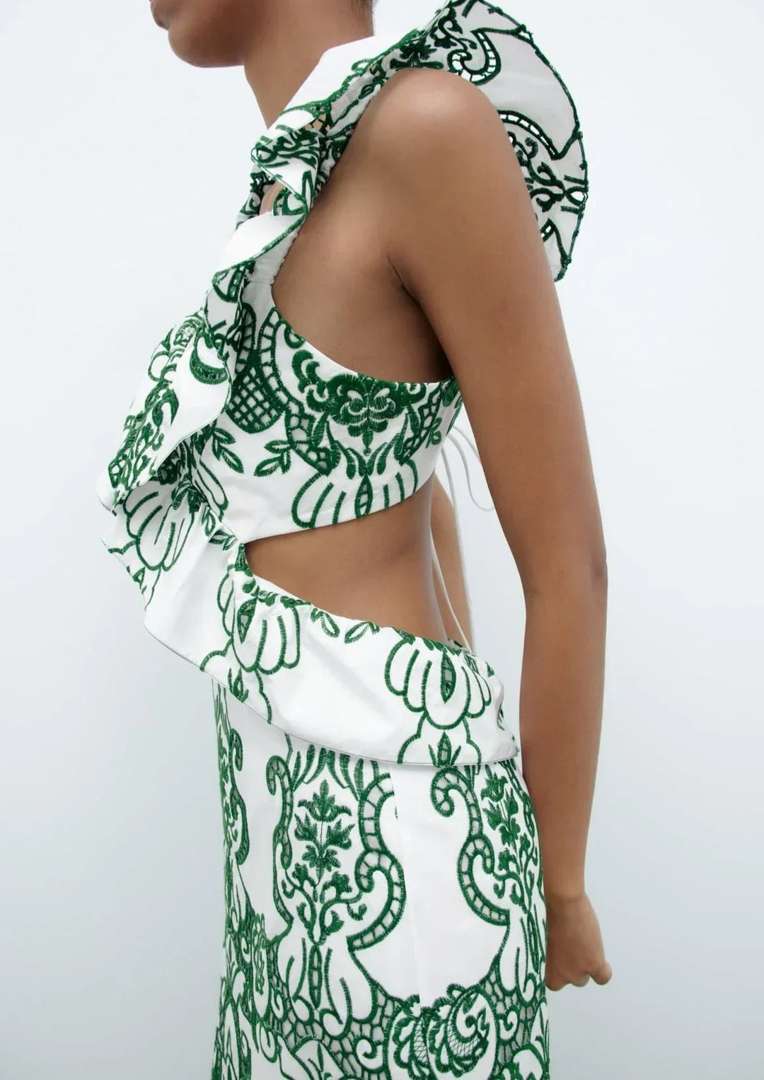 Vestito lungo donna stampato verde e bianco con volant