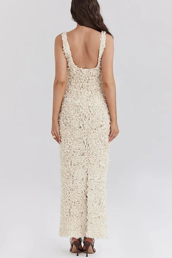 Vestito lungo schiena nuda bianco floreale per serate estive