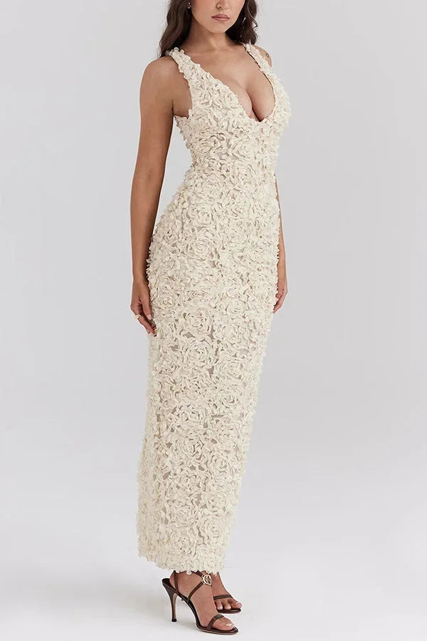 Vestito lungo schiena nuda bianco floreale per serate estive