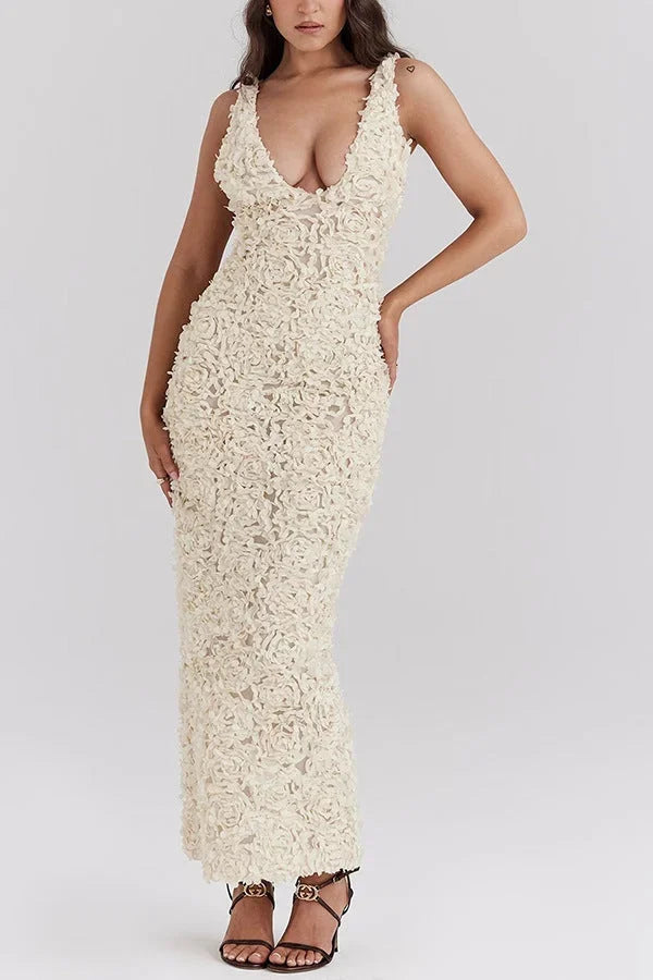 Vestito lungo schiena nuda bianco floreale per serate estive