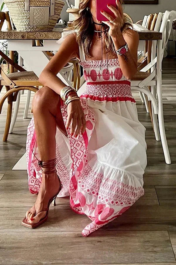 Vestito lungo bianco con motivi rosa scollo quadrato