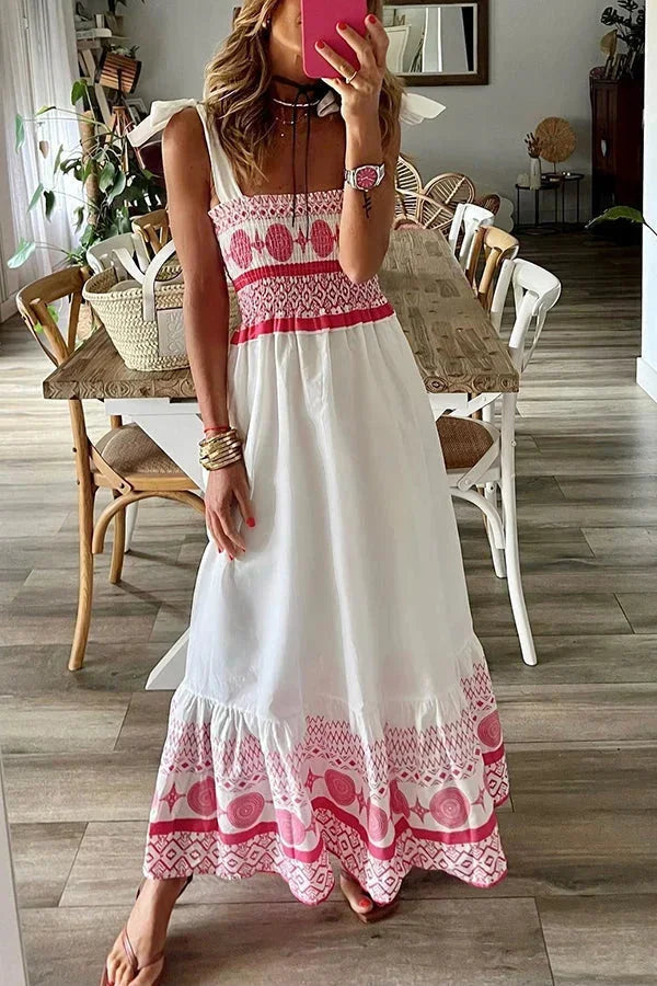 Vestito lungo bianco con motivi rosa scollo quadrato