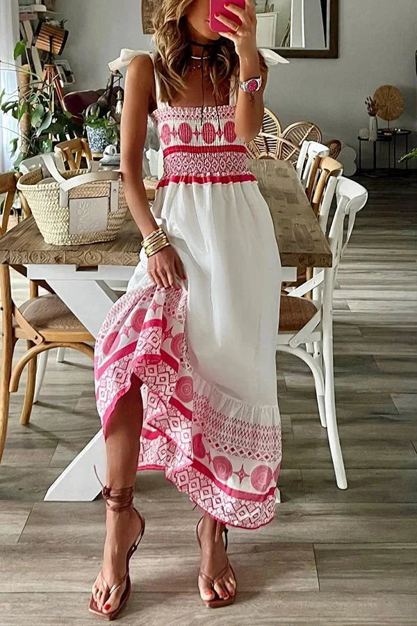 Vestito lungo bianco con motivi rosa scollo quadrato