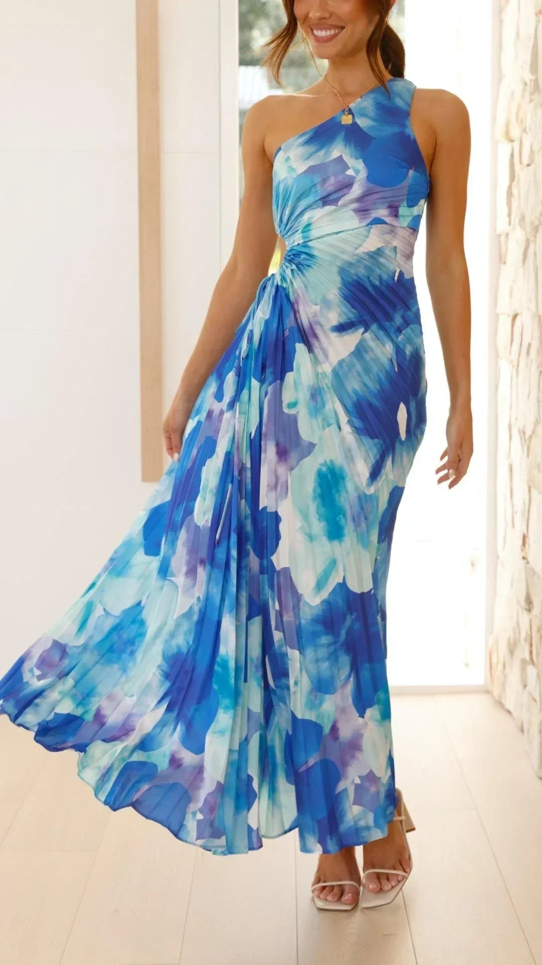 Vestito lungo donna floreale blu monospalla estivo
