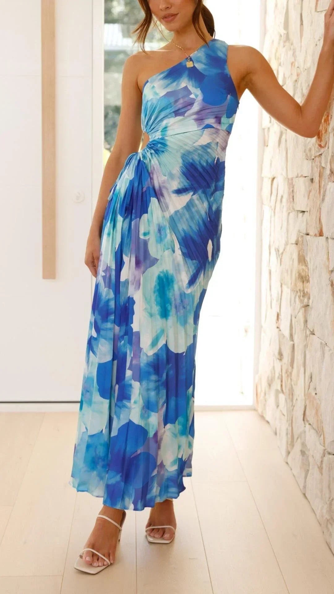 Vestito lungo donna floreale blu monospalla estivo