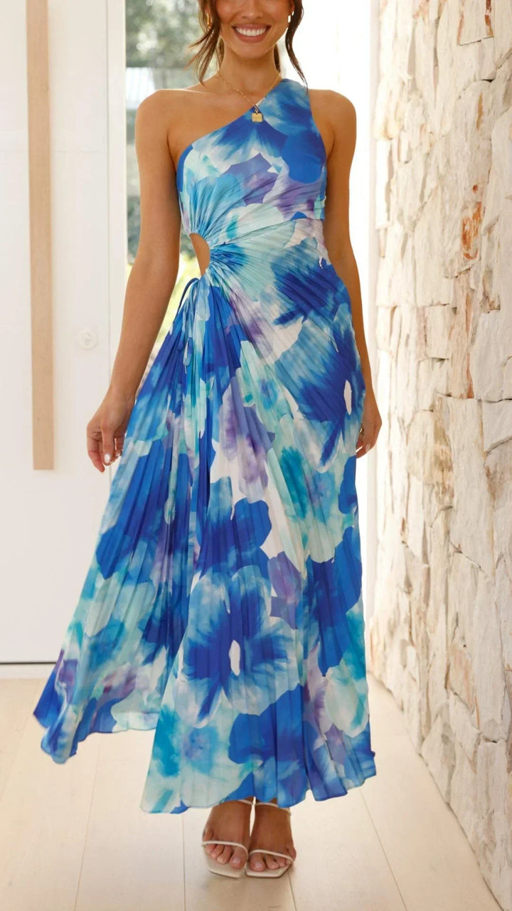 Vestito lungo donna floreale blu monospalla estivo