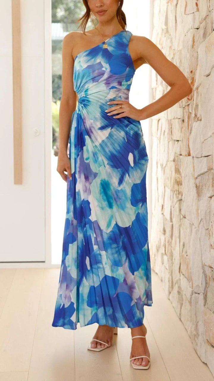 Vestito lungo donna floreale blu monospalla estivo