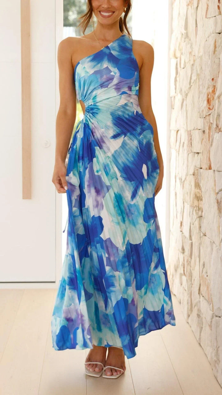 Vestito lungo donna floreale blu monospalla estivo