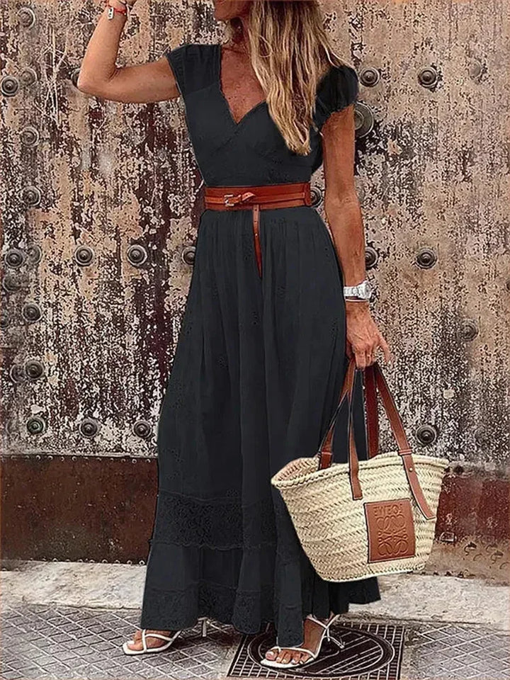 Vestito lungo donna con pizzo traforato e cintura