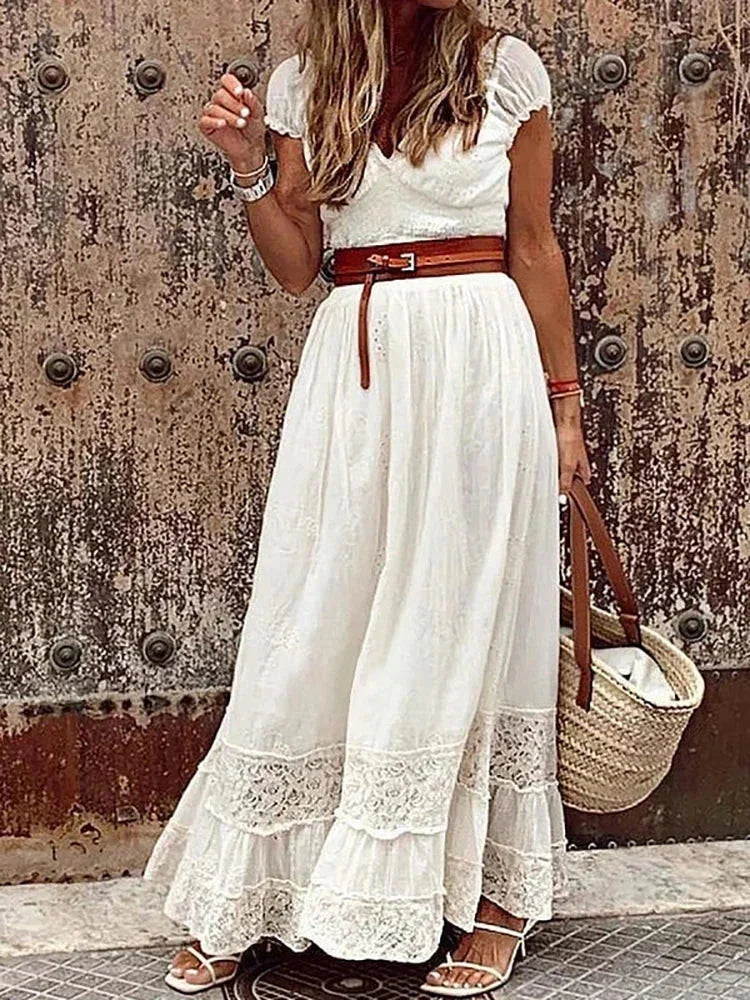 Vestito lungo donna con pizzo traforato e cintura
