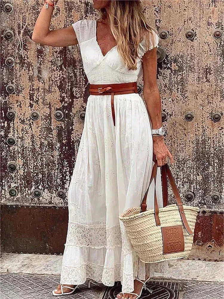 Vestito lungo donna con pizzo traforato e cintura