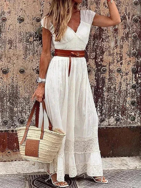Vestito lungo donna con pizzo traforato e cintura