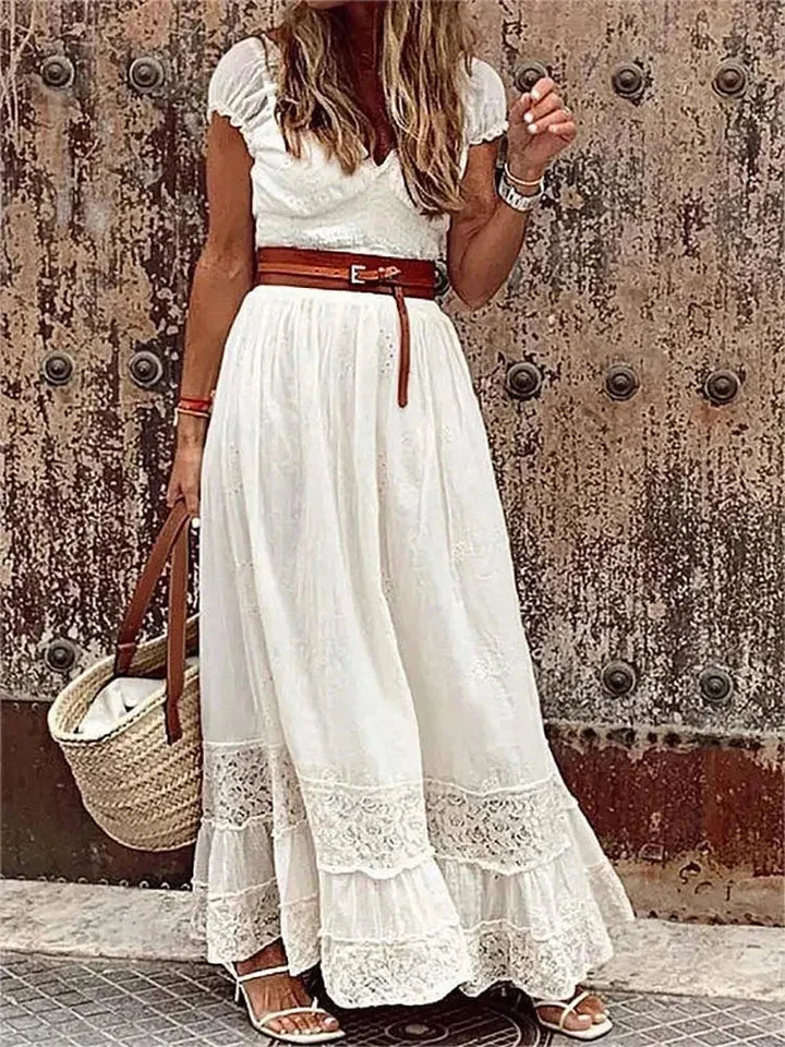 Vestito lungo donna con pizzo traforato e cintura