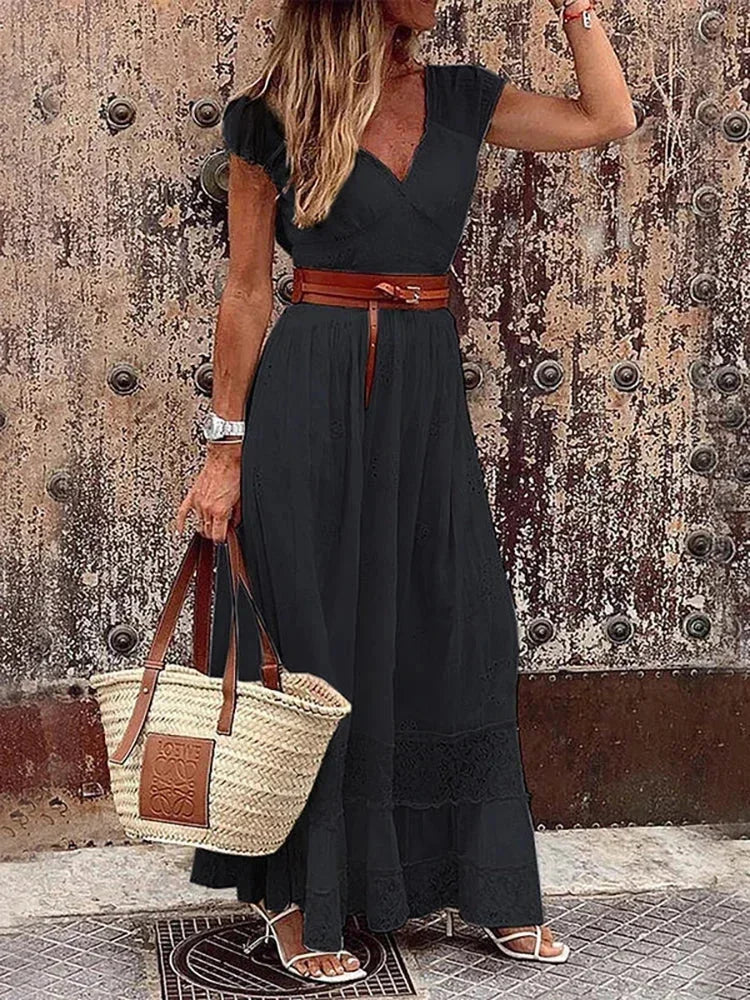 Vestito lungo donna con pizzo traforato e cintura