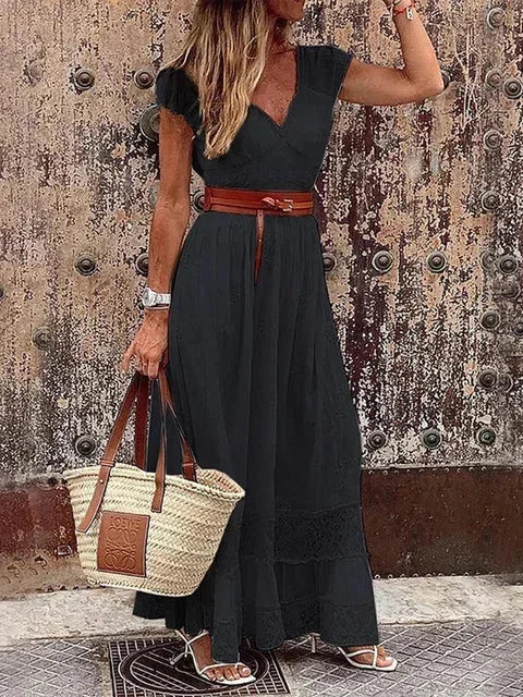 Vestito lungo donna con pizzo traforato e cintura