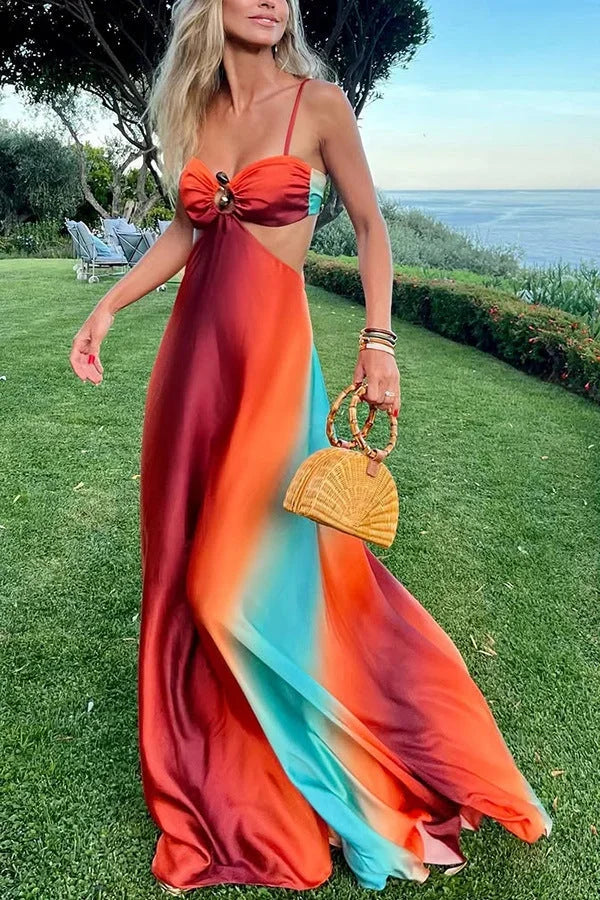 Vestito lungo donna dégradé rosso turchese per serate estive