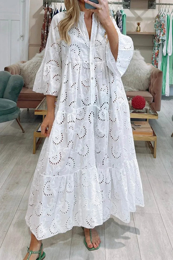Vestito lungo traforato maniche 3/4 scollo a V estivo
