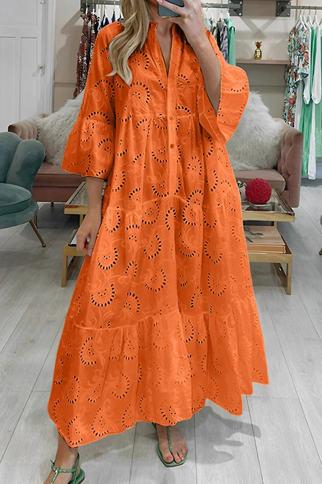 Vestito lungo traforato maniche 3/4 scollo a V estivo