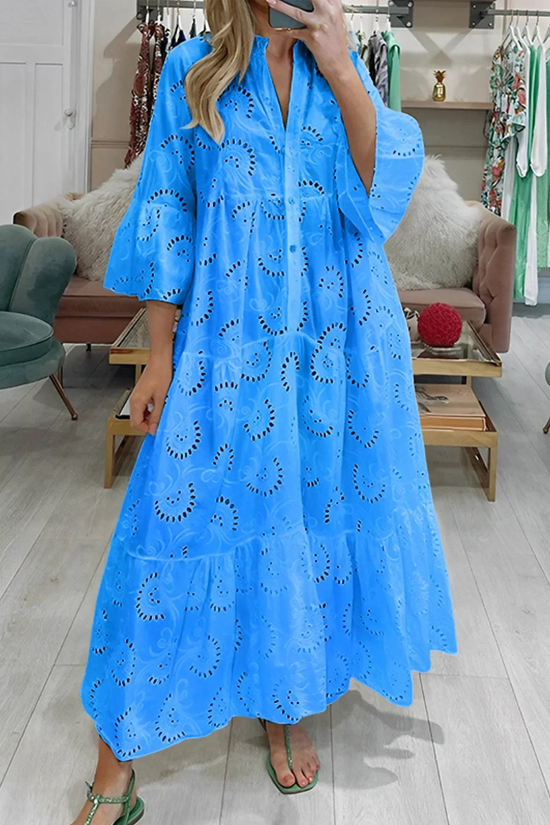 Vestito lungo traforato maniche 3/4 scollo a V estivo