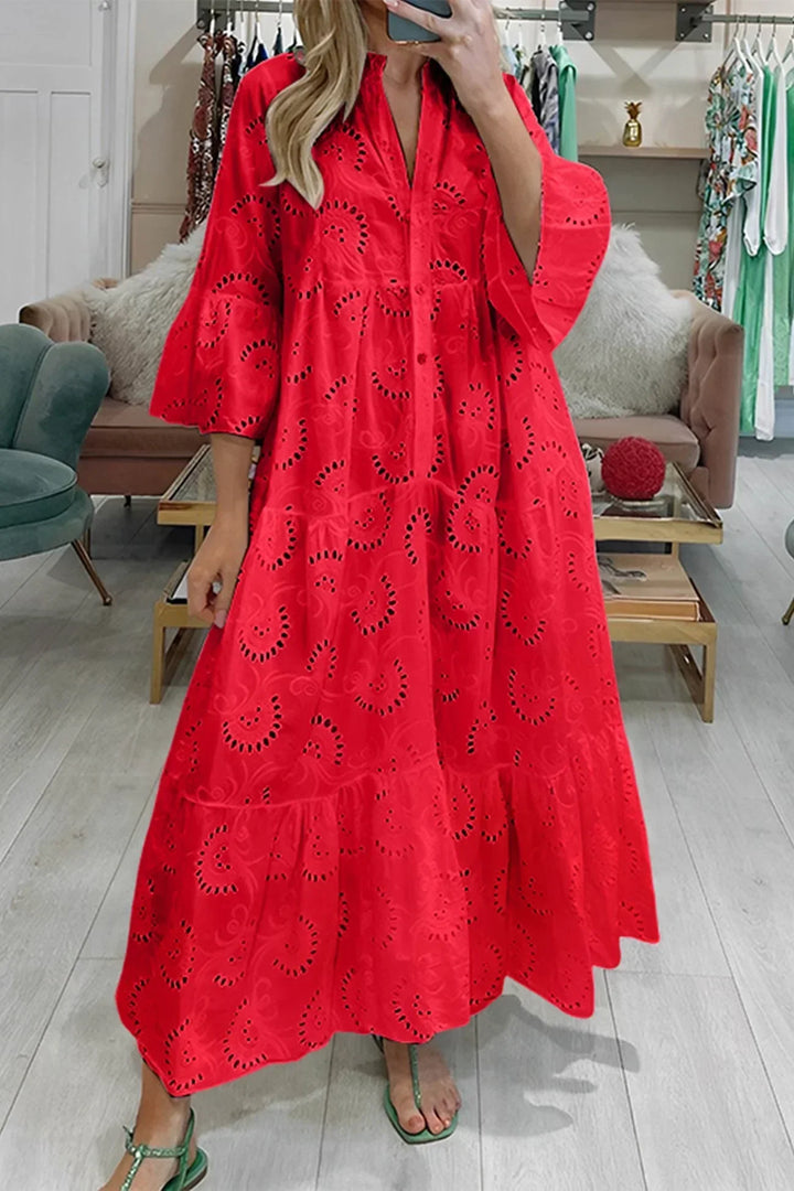 Vestito lungo traforato maniche 3/4 scollo a V estivo