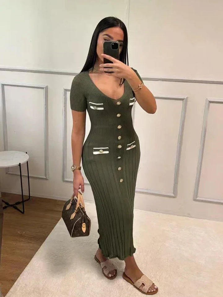 Vestito lungo donna con bottoni e scollo a V