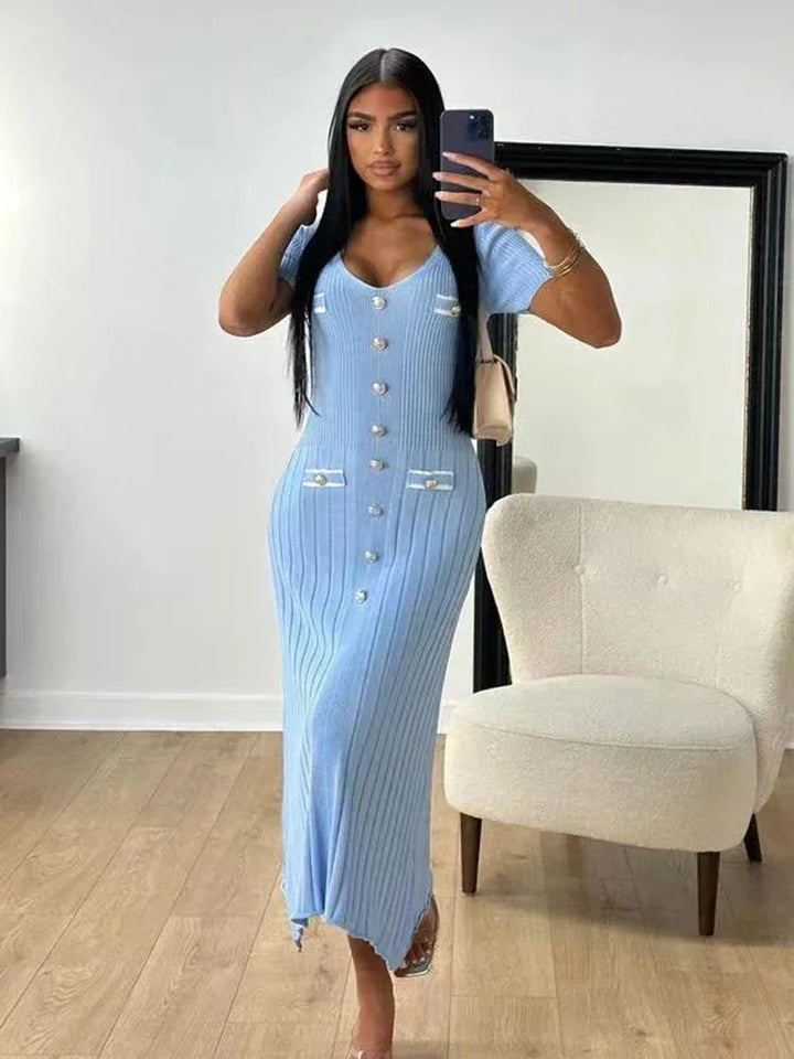 Vestito lungo donna con bottoni e scollo a V