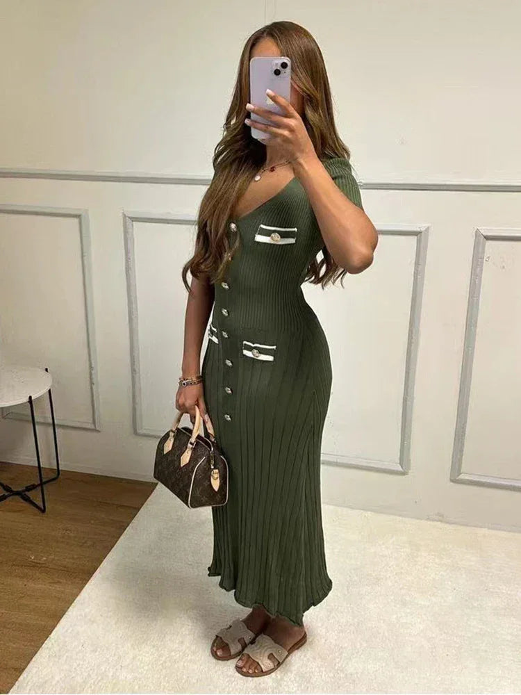 Vestito lungo donna con bottoni e scollo a V
