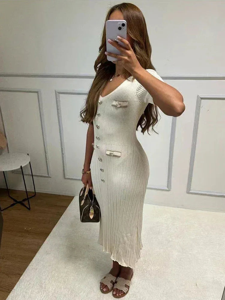 Vestito lungo donna con bottoni e scollo a V